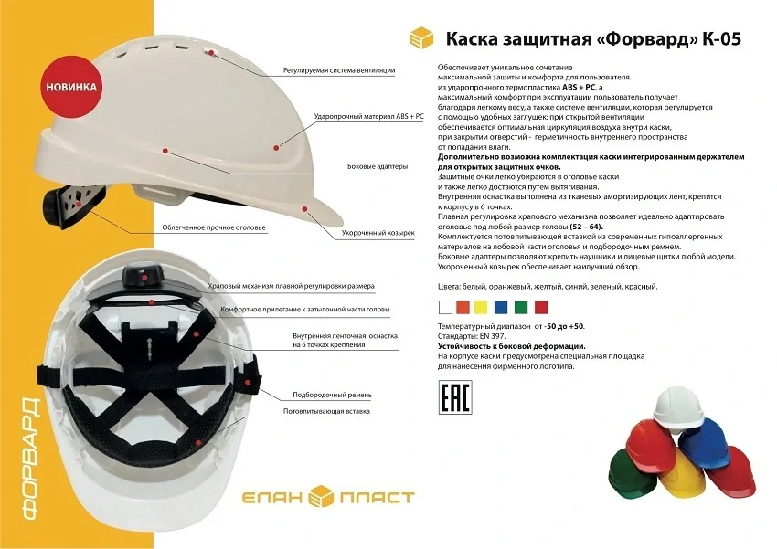 Каска защитная ЕЛАНПЛАСТ ФОРВАРД со встроенными очками желтая - фото 7