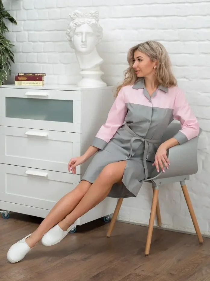 Халат женский "Катрин" серый с розовым - фото 12