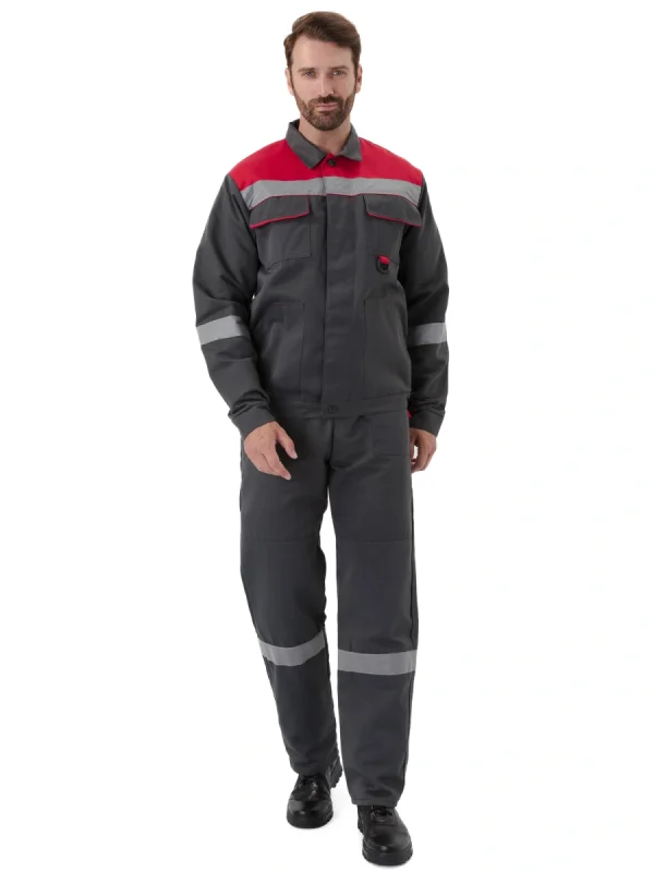 Костюм "ЛЕГИОН" куртка/полукомбинезон, цвет: Т.СЕРЫЙ/КРАСНЫЙ, ткань: ТВИЛ-250