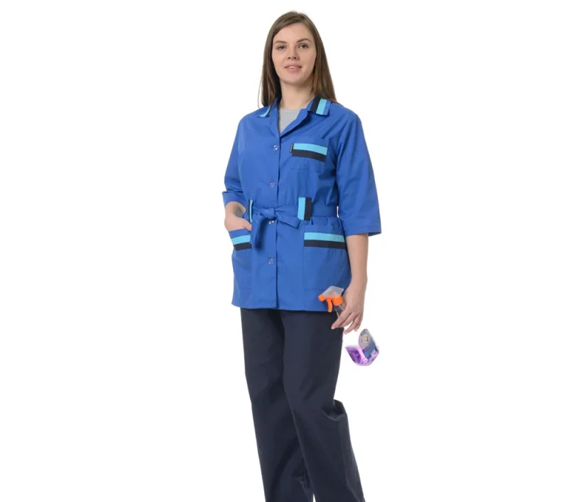 Костюм женский "Лира" василёк/синий (блузон и брюки) для рабочего персонала сферы обслуживания